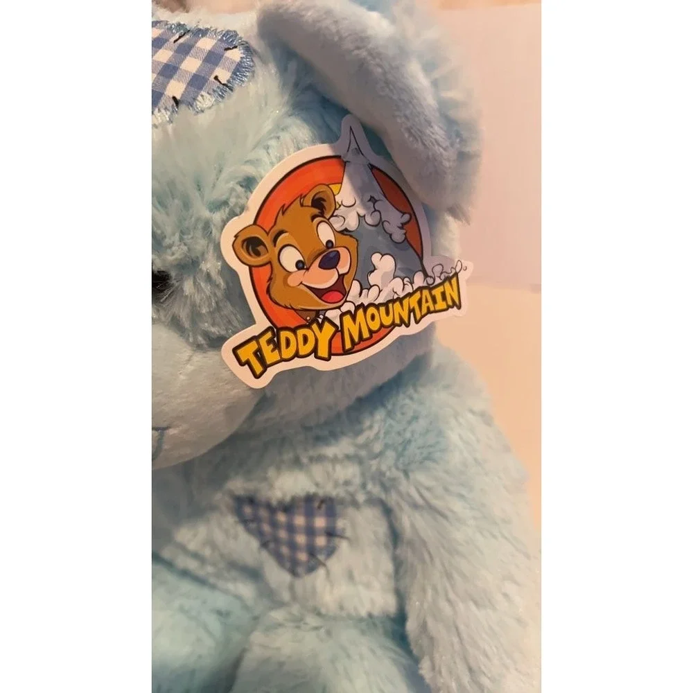 Teddy Mountain Blue Plush Bear with Gingham Accents